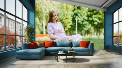 Beautiful pregnant woman relaxing in the park Wall mural