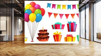 Birthday party isolated elements set with colorful presents fairy lights flags. Colorful balloons, carnival celebration food and candy. Wall mural