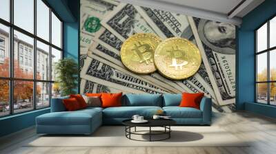 Bitoin coins and dollar banknotes on white background isolated Wall mural