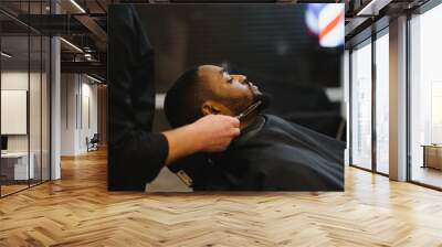 Black man in the barbershop. Cute black man makes a haircut in the African salon. Hair style. Haircut for adults. Wall mural