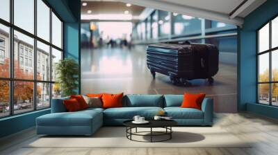 Black suitcase on wheels in the lobby of the airport, the road to the resort or business. AI generated. Wall mural