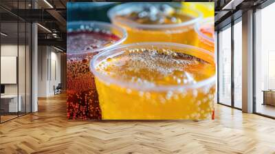 Bubbly Beverages in Plastic Cups: A Closeup of Carbonated Drinks with Bubble Carbonation, Varied Cafes' Caffeine Inducing Choices in Cans Wall mural