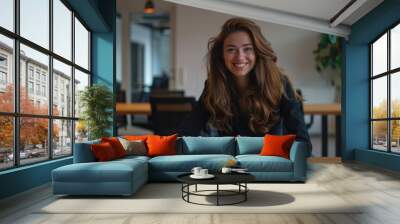 Business Worker On Phone. Portrait of Happy Woman Typing on Smartphone in Office Boardroom Wall mural