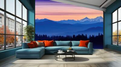 Cascade Mountain Silhouette at Blue Hour. Sunset View of Cascade Mountains in the Background. Wall mural