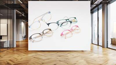 Child's plastic frame for glasses. Mock up for the design of optics store and shop, eye clinic. Glasses for reading and distance, correction of sight. Beautiful eyeglasses rim. Wall mural