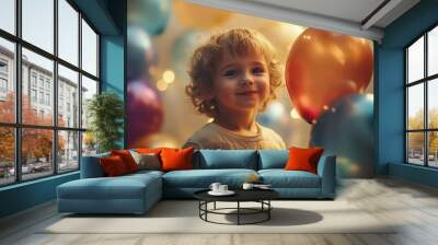 Child stands with balloons in hand and smiling, holiday, fun, elebration Wall mural