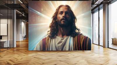 close-up art portrait of Jesus Christ with serene and divine features, capturing spiritual essence and profound presence, new beautiful stock image illustration AI Wall mural