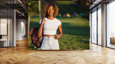 Close up beauty outdoor portrait of attractive charming young african-american smiling woman with natural make up and afro hair, enjoying a day at the park. Outdoor portrait of African girl Wall mural