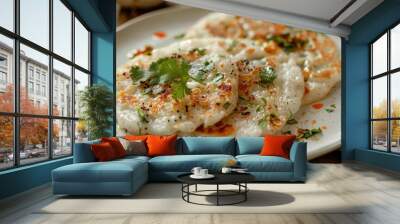 Closeup of Vegetarian Indian Meal: 2 Onion Uttapam with Coconut Chutney, Served in White Ceramic Wall mural