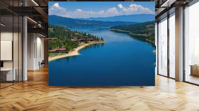 Coeur D Alene Lake. Aerial View of Gozzer Ranch in Idaho with Stunning Mountain Landscape and Crystal Clear Blue Water Wall mural