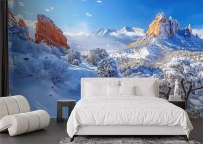 Colorado Winter Wonderland: Majestic Snow-Capped Mountains in Garden of the Gods Wall mural