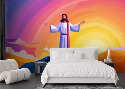 Colorful illustration of Jesus Christ on the mountain as a symbol of Transfiguration, artistic work in cartoon style, new beautiful stock image illustration AI Wall mural