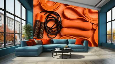 composition with orange fitness accessories on orange background for background banner Wall mural