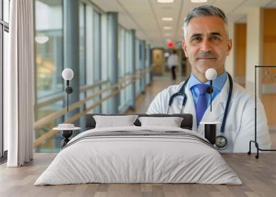 Confident male doctor in hospital corridor wearing a stethoscope and white coat. healthcare professionalism, trust, and medical expertise. Wall mural