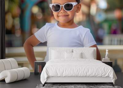 Confident mixed race girl wearing cool sunglasses at a vibrant amusement park Wall mural