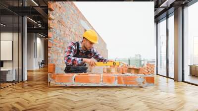 construction mason worker bricklayer installing red brick with trowel putty knife outdoors. Wall mural