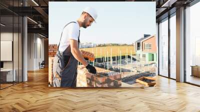 Construction worker in uniform and safety equipment have job on building Wall mural