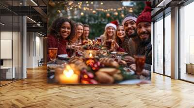 Diverse group of friends enjoying festive holiday dinner outdoors at night Wall mural