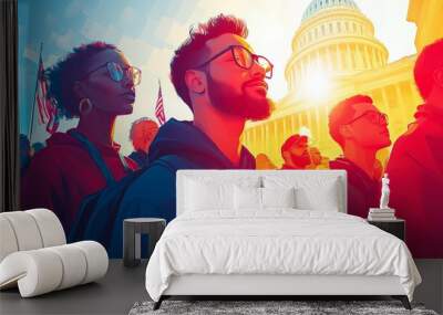 Diverse group of young Americans standing together in front of the Capitol building during sunset, future of the nation and democracy new beautiful stock image illustration AI Wall mural