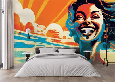 dusty retro risoprint style illustration of beautiful happy woman face on sunset sky background new quality creative travel stock image illustration design, Generative AI Wall mural