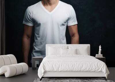 Empty V-Neck T-Shirt Template in White Color on Dark Background Wall mural