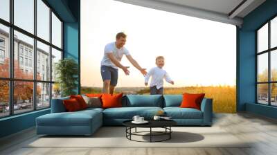 Father's day. Happy family father and toddler son playing and laughing on nature at sunset Wall mural