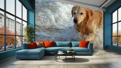 Fauci the Golden Retriever: Dog Coming Out of the Ocean with a Stick in its Mouth Wall mural