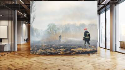 Firefighter battle with the wildfire. Firefighters are training. Firemen are using foam or water in fire fighting operation. Wall mural