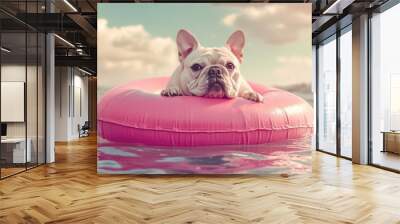 French Bulldog Enjoying Summer Vacation at the Beach with Pink Buoy Wall mural