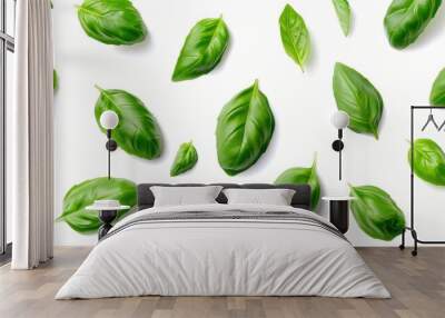 Fresh basil leaves arranged on a white background in a seamless pattern. Culinary themes and natural product promotions. Wall mural