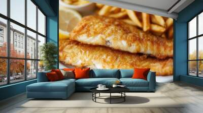 Fried Walleye Meal with French Fries and Lemon Wedge on Plate Wall mural