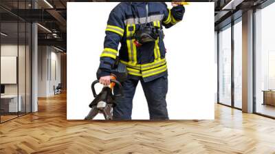 Full body young brave man in uniform of firefighter holds cordless combined tool for spreading, cutting, squeezing and axe on shoulders looking at camera isolated on white with clipping path Wall mural