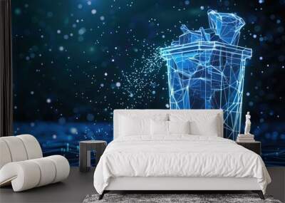 Futuristic digital waste bin made of network lines and glowing particles on a blue technology background. Recycling tech, waste management, sustainable technology, smart city innovations. Wall mural