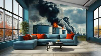 Gas Spill Emergency: Tank Farm Inferno, Black Smoke, Gasoline Plant Fire Wall mural