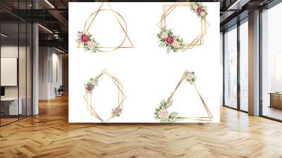 Geometrical polyhedron collection with flowers.  wedding invitation deco style design. Floral botanical flower. gold frames Wall mural