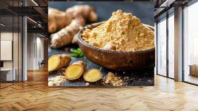 Ginger Powder in a Mix Bowl. Aromatic Spice and Seasoning for Cooking Delicious Food with Dried Root Vegetable Flavor Wall mural