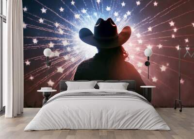 girl woman cowboy silhouette watching firework usa american flag on background patriotic design new quality universal colorful joyful memorial independence day holiday stock image illustration Wall mural