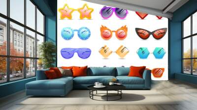 Glasses colorful vector set illustration. Carnival Glasses Realistic Set. Glasses summer symbol. Glasses set for traveling design. Wall mural