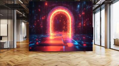 Glowing neon digital door portal with bright light effects in futuristic abstract cyberpunk landscape new beautiful stock image illustration AI Wall mural