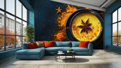 Golden Chai. Ayurvedic Turmeric Milk with Cardamon and Anise Star in Black Cup Wall mural