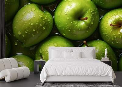 green apples background with water drops, top view. Wall mural