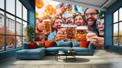 Group of friends in festive attire raising beer mugs and laughing at an outdoor celebration. Concepts of friendship, festive gatherings, outdoor events, and joyful moments. Wall mural