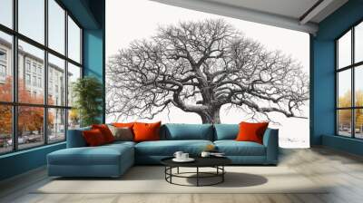 Hand-Drawn Vintage Illustration of D Tree. Branched Oak without Leaves in Engraving Style Depiction of Organic Timbering Wall mural