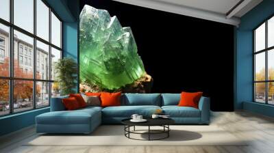 Hiddenite is rare precious natural stone on black background. AI generated. Header banner mockup with space. Wall mural