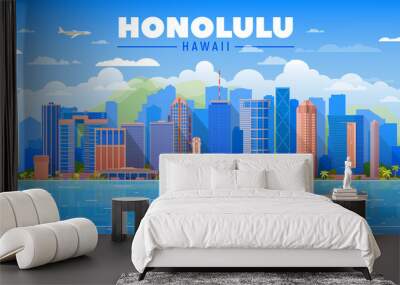 Honolulu Hawaii (United States) city skyline vector background. Flat vector illustration. Business travel and tourism concept with modern buildings. Image for banner or web site. Wall mural