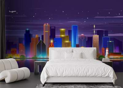 Houston Texas (USA) night city skyline vector illustration on sky background. Business travel and tourism concept with old and modern buildings. Image for presentation, banner, web site. Wall mural