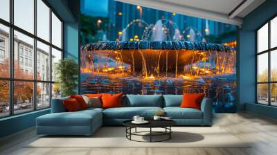 Illuminated fountain at dusk with skyscrapers in the background and reflections on water. Depicting urban tranquility, night scenes, and architectural beauty in modern cityscapes. Wall mural