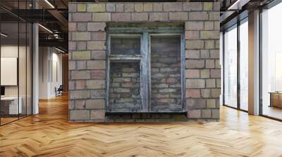 In the center of the brick wall there is an old window covered with brickwork, walled up with bricks and cement Wall mural