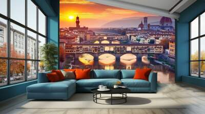 Italy Fall. Sunset View of Ponte Vecchio in Florence, Tuscany Wall mural