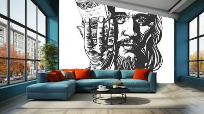 Jesus Christ and bundle of money in his hand, graphic portrait. Hand drawing.  Wall mural